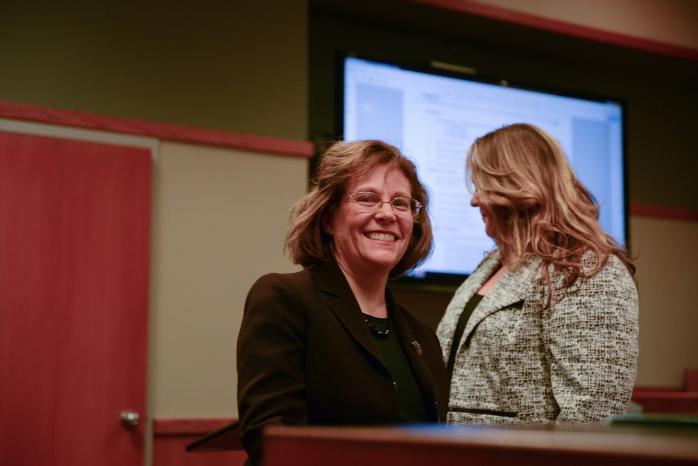 <p>Newly elected Council Member Lisa Babcock during the East Lansing City Council meeting at the East Lansing city offices on Nov. 12, 2019.</p>