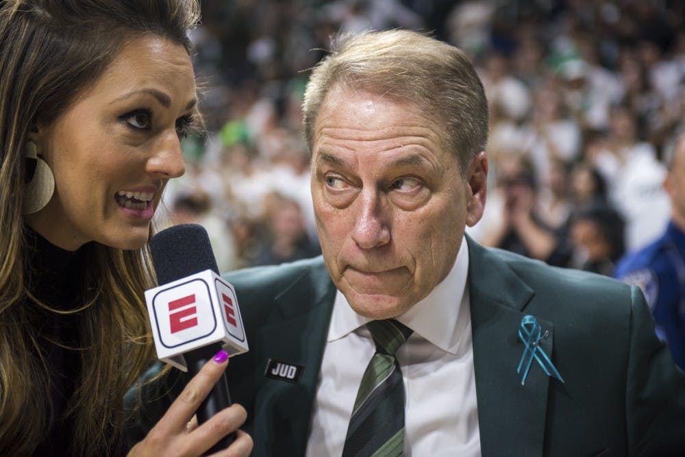 Michigan State’s head coach Tom Izzo is interviewed after the first half of the men's basketball game against Purdue on Feb. 10, 2018 at Breslin Center. The Spartans trailed the Boilermakers at the half, 36-31. (Nic Antaya | The State News)