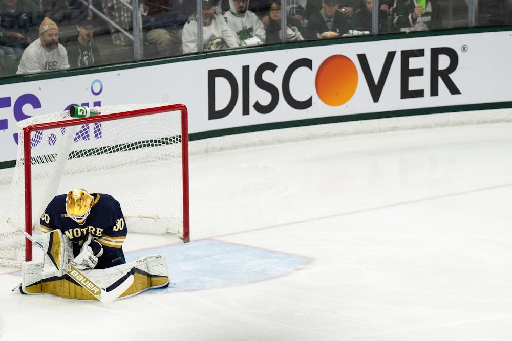 <p>Notre Dame junior goaltender Owen Say (30) covers the puck during the third period against Michigan State at Munn Ice Arena on March 15, 2025. The Spartans took a 1-0 victory over the Fighting Irish, advancing to the Big Ten Championship.</p>