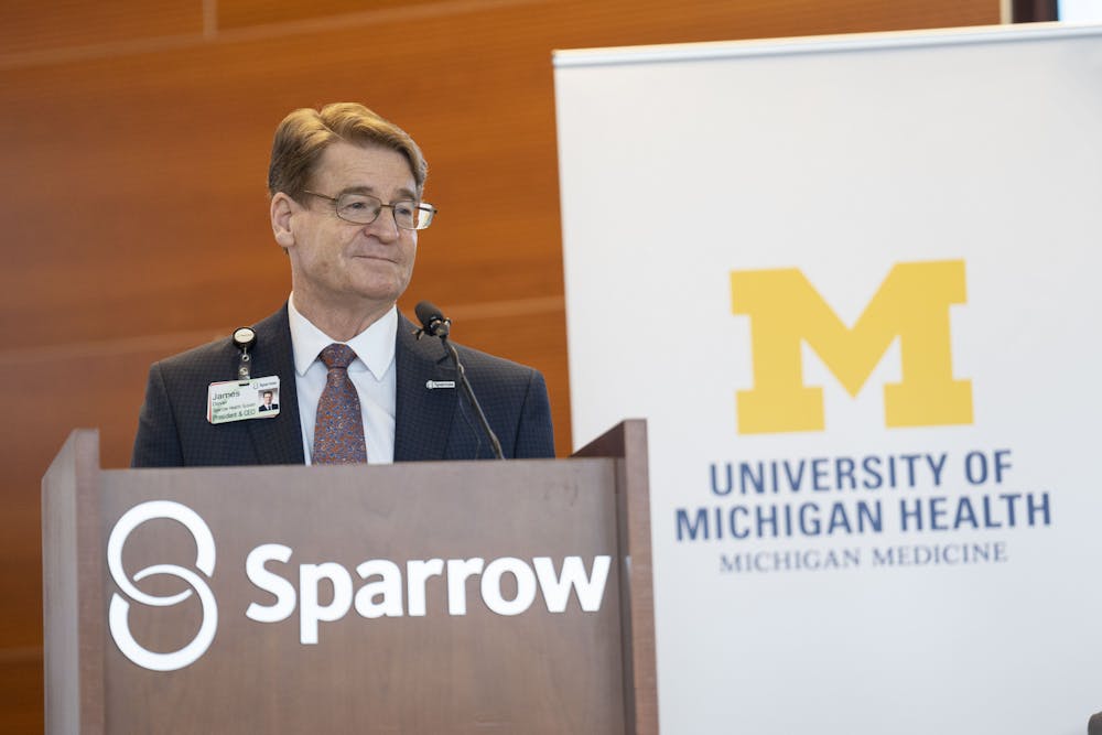 Sparrow Hospital president and CEO James Dover at the hospital’s presser to announce their collaboration with University of Michigan Health on Friday, Dec. 9, 2022. 
