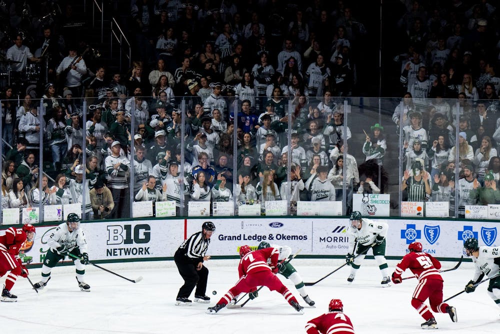 <p>Michigan State University faces off against Wisconsin during a hockey game at MSU's Munn Stadium in East Lansing, Mich. on Saturday, Nov. 22, 2025.</p>