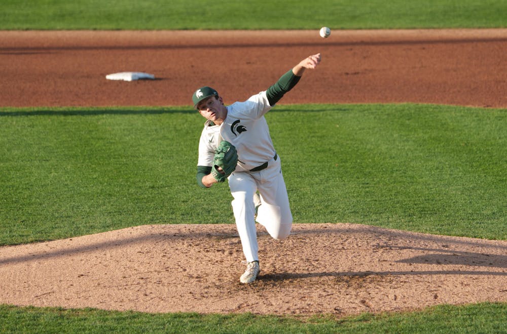 Michigan State freshman pitcher Aidan Arbaugh (12) pitching to Purdue Fort Wayne in the top of the fourth inning. Michigan State won 7-4 against Purdue Fort Wayne at the McLane Stadium, on Apr. 27, 2022.