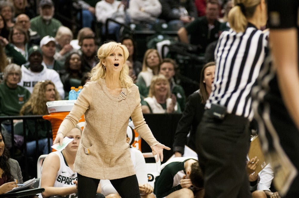 Head coach Suzy Merchant reacts to a call during the women's basketball Big Ten championship game against Purdue on March 4, 2016 at Bankers Life Fieldhouse in Indianapolis. The Spartans defeated the Boilermakers, 65-64.