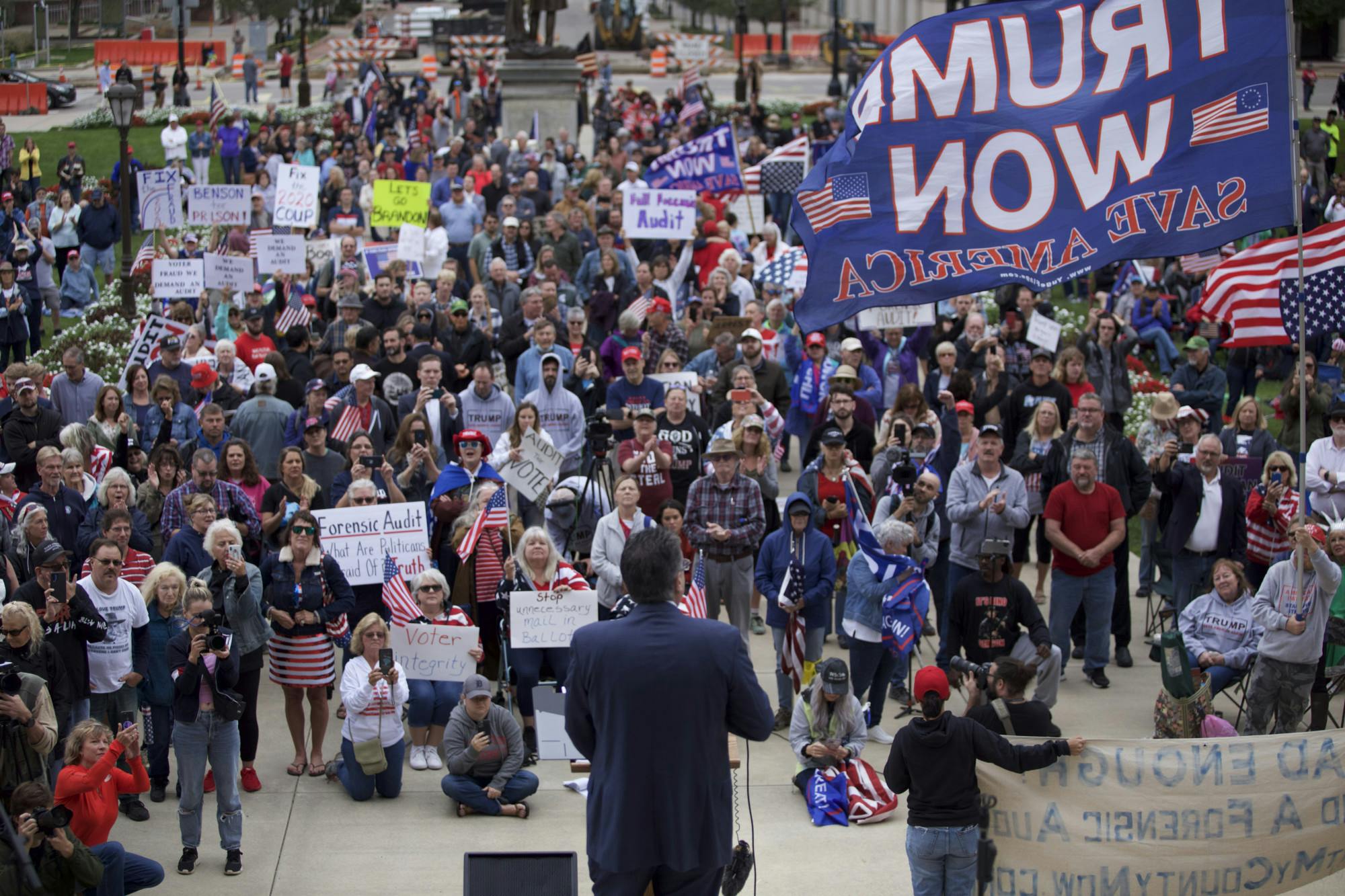 <p>Attorney General candidate Matthew DePerno addresses the crowd calling for a full, forensic audit of the 2020 election on Oct. 12 at the Michigan Capitol. </p>