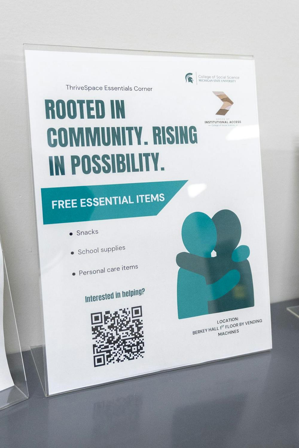 <p>Signage surrounding the "Thrive Space" promoting students to give back to their community and to take items in Berkey Hall in East Lansing, Mich., on Wednesday, Sept. 9, 2026.</p>