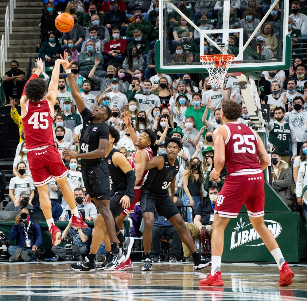 <p>Indiana&#x27;s redshirt senior Parker Stewart (45) shoots the ball during Michigan State&#x27;s victory over Indiana on Feb. 12, 2022.</p>