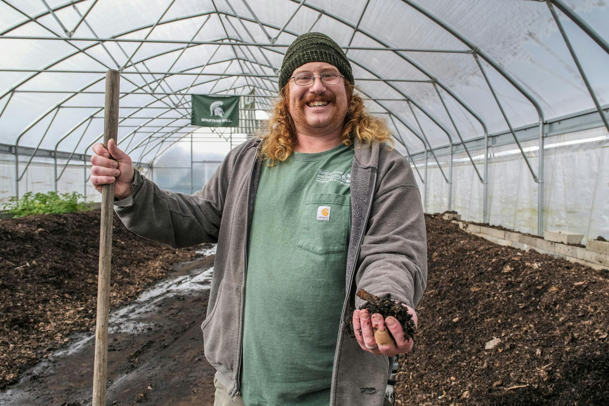<p>The Worm Wizard, Sean Barton, with his real worms at the Michigan State University Recycling Center and Surplus Store on Oct. 30, 2023.</p>