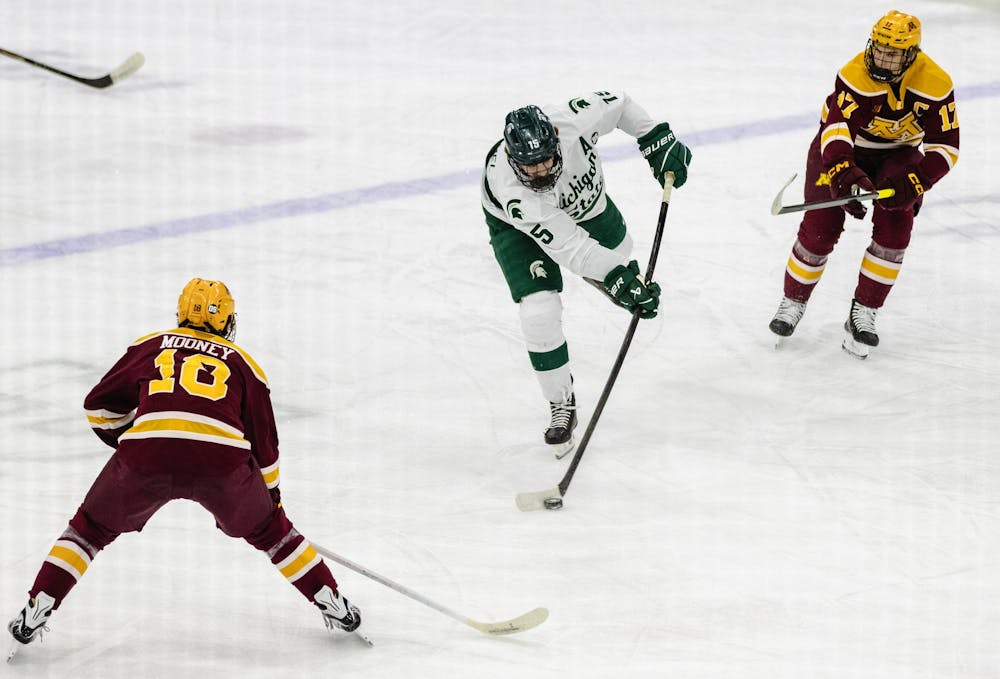 <p>MSU Sr. F, Charlie Stramel (15), takes a shot on goal in Munn Ice Arena in East Lansing, MI on Jan. 23, 2026.</p>