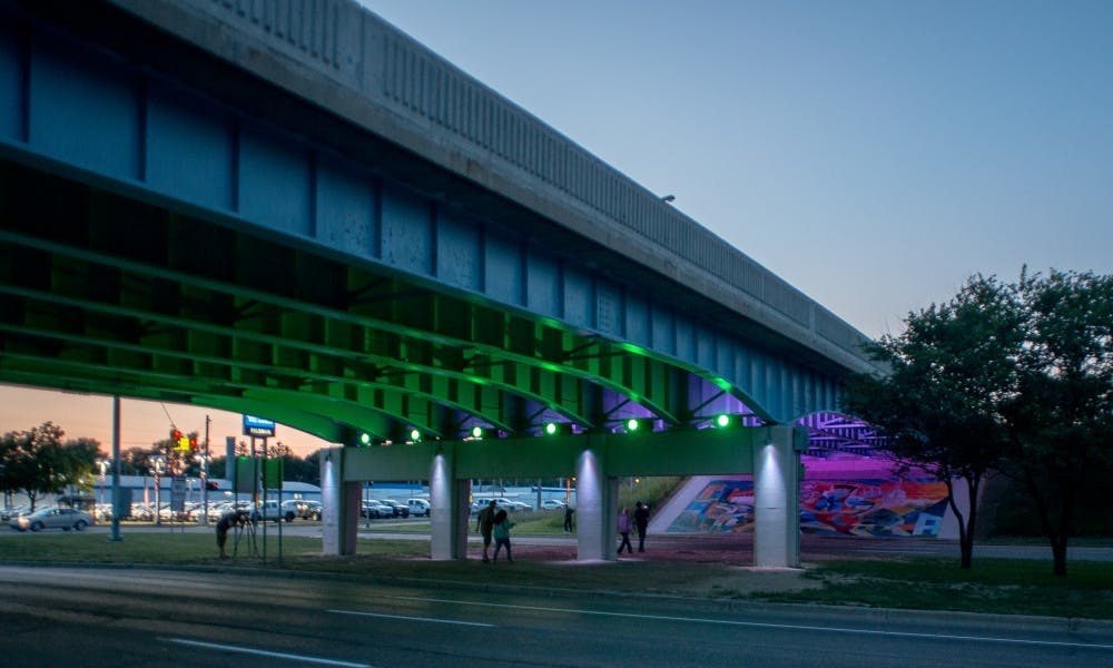 The new LED lights are pictured on June 27, 2017, at 2800 East Michigan Ave in Lansing. This was the official unveiling of the decorative LED lighting under the US-127 bridge underpass.