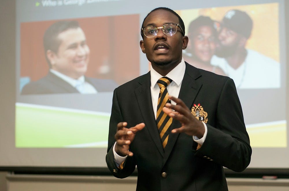 	<p>Journalism senior Tyler Hendon leads a discussion at the event &#8220;Justice for Zimmerman&#8221; as part of the Divine 9 fraternities Alpha Week. The event broke down the Trayvon Martin trial and talked about commonly unknown facts. Margaux Forster/The State News</p>