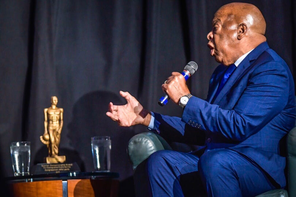 Representative and prominent civil rights leader John Lewis speaks after receiving a Spartan Statesmanship award as part of the Blanchard Public Forum on Oct. 30, 2017 at the Kellogg Center. Past honorees include former President Bill Clinton and Ken Burns. 