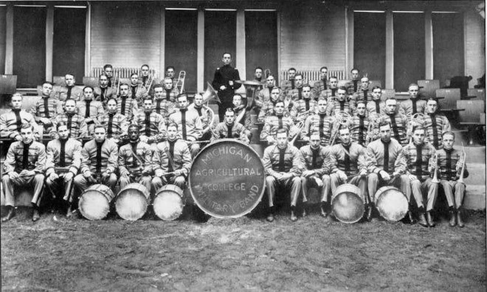 Everett C. Yates, (front row, fourth from the left), photographed with the MAC military band. Yates was a percussionist in both the cadet band and college orchestra. Photo courtesy Michigan State University Archives and Historical Collections.