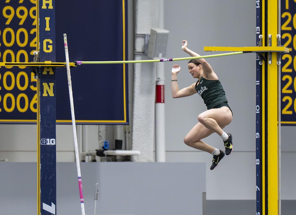 <p>A Michigan State pole vaulter jumps at the UM indoor track building in Ann Arbor, Mich. on Feb. 20, 2026.</p>