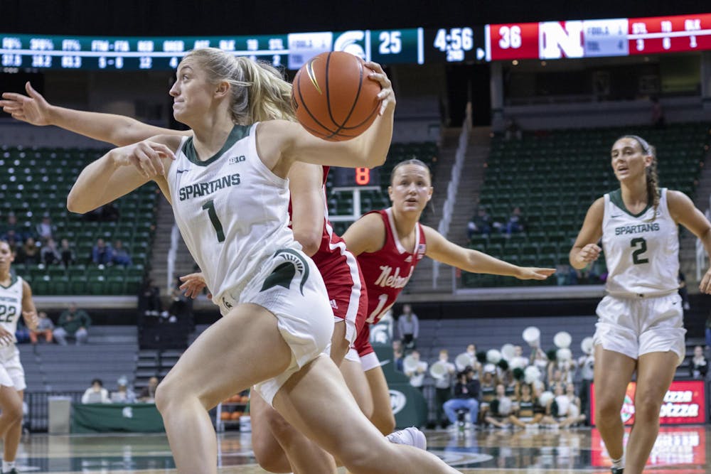 <p>Michigan State University graduate guard Tory Ozment (1) runs to the basket to take a shot during a game against Nebraska at the Breslin Center on Dec. 9, 2023. The Spartans lost to the Cornhuskers 74-80.&nbsp;</p>
