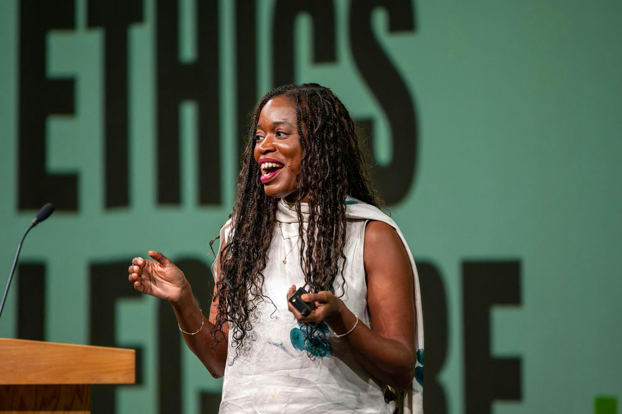 <p>Jamila Robinson, editor-in-chief of Bon Appétit, speaks during the Neal Shine Ethics Lecture, hosted by NOM (Nutrition, Opportunities and Media), at WKAR Studio A in East Lansing, Mich., on Thursday, Oct. 1, 2026. Robinson discussed how food and drink shape society.</p>