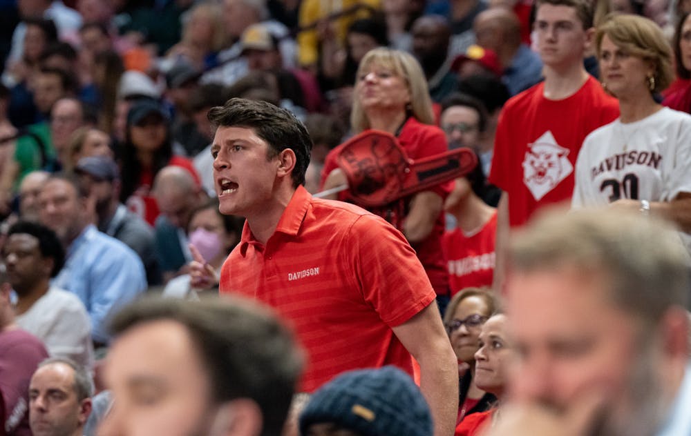 <p>An angry Davidson fan yells in protest of a call during Michigan State&#x27;s win over the Davidson Wildcats on March 18, 2022.</p>