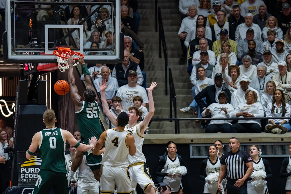Michigan State junior forward Coen Carr (55) vs. Purdue University at Mackey Arena in West Lafayette, Indiana on Thursday, Feb. 26, 2026. 