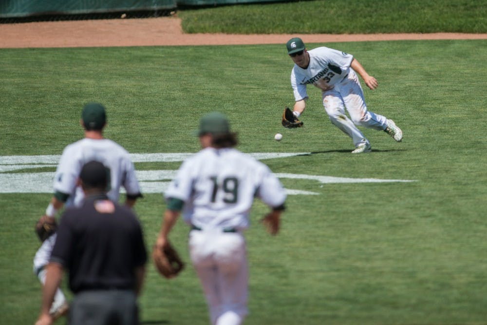 Sophomore outfielder and left-handed pitcher Brandon Hughes (33) goes to pick up the ball during the game against Maryland on May 21, 2016 at McLane Baseball Stadium at Kobs Field. The Spartans were defeated by the Terrapins, 6-4.