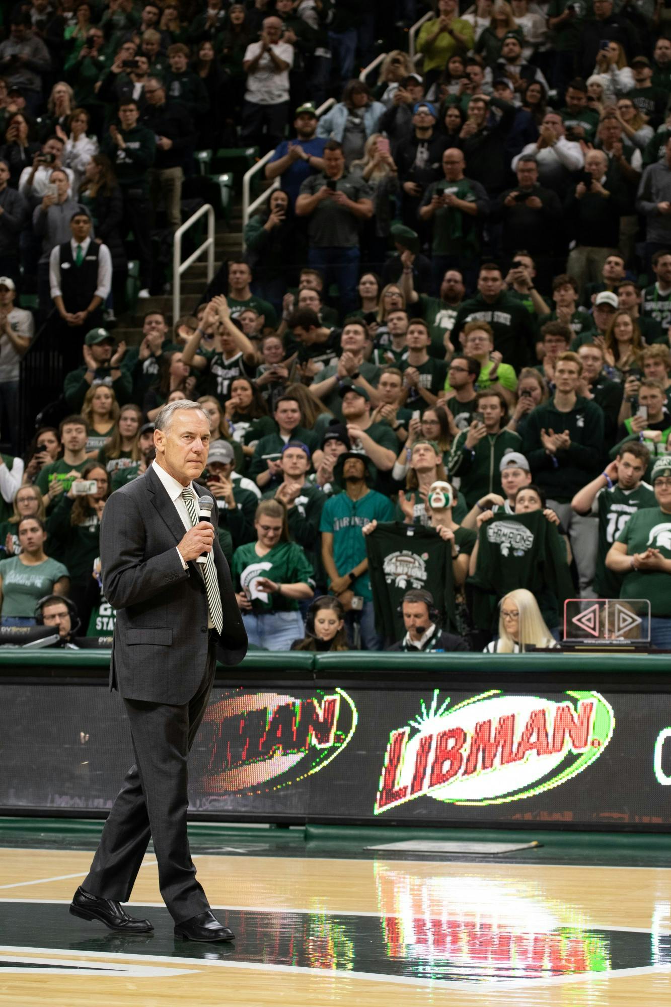 Mark Dantonio addresses the crowd during halftime of a basketball game at the Breslin Center on Feb. 4, 2020.