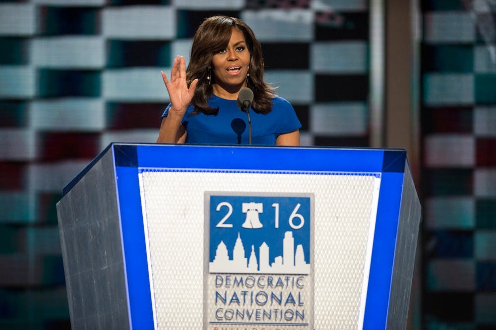 FLOTUS Michelle Obama gives a speech on July 25, 2016, the first day of the Democratic National Convention, at Wells Fargo Arena in Philadelphia.