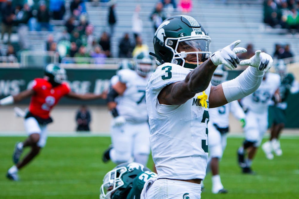 Senior wide receiver Montorie Foster Jr. (3) celebrates after securing a first down for his team during MSU football’s 2024 Spring Showcase on April 20, 2024.