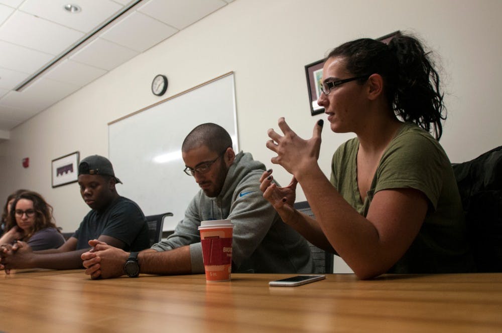 Applied engineering sciences senior Jocelyn Modelski speaks during a women's council meeting on Nov. 7, 2016 at the Union. The meeting was held to discuss the dangers of toxic masculinity. 