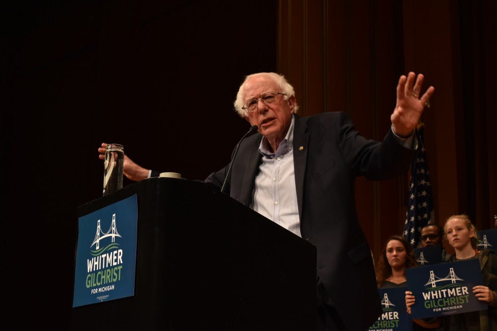 U.S. Sen. Bernie Sanders, I-Vermont, speaks at U-M's Rackham Auditorium on Oct. 19.