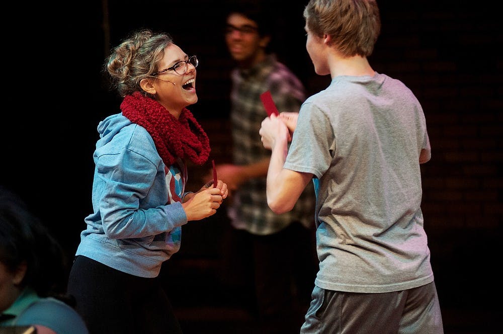 <p>BFA acting senior Katie Maggart and BFA acting junior Blaine Mizer rehearse for Carrie: The Musical on Oct. 6, 2014, at the Wharton Center. The musical will be performed Oct. 10-19.  Aerika Williams/The State News</p>