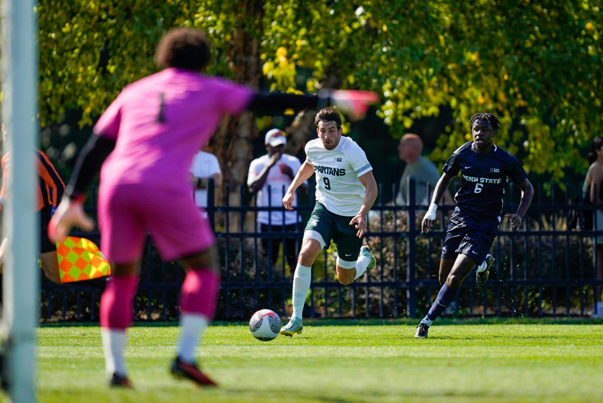 <p>Senior forward Greyson Mercer (9) running towards goal during a game against Penn State University at DeMartin Soccer Complex on Oct. 1, 2023.</p>