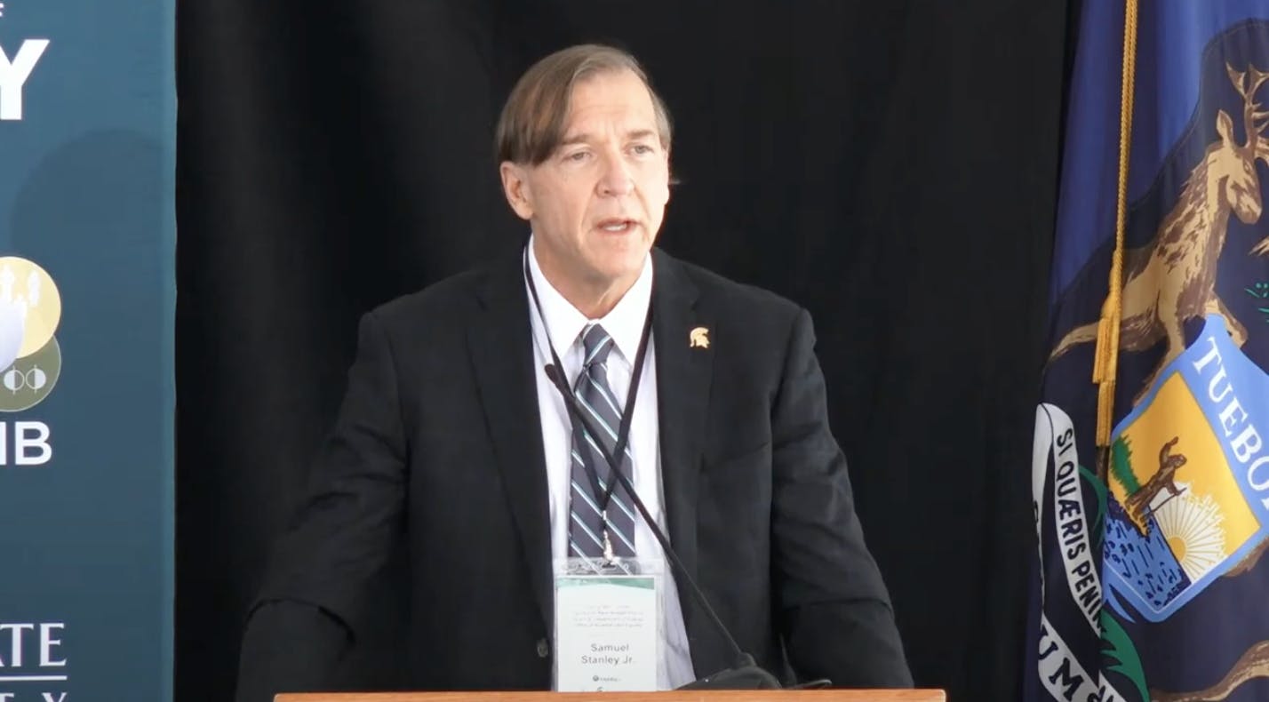 A screenshot of President Samuel L. Stanley Jr. from the ceremony designating the Facility for Rare Isotope Beams as a U.S. Department fo Energy of Science Use Facility. The ceremony was held Sept. 29. 