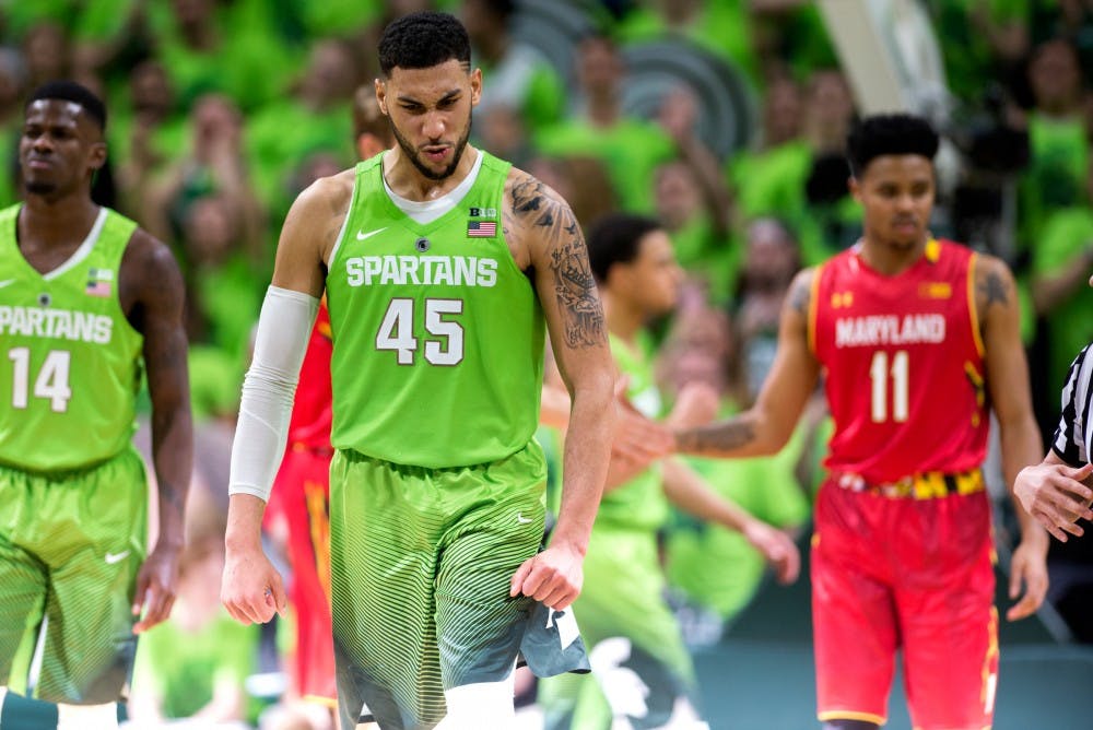 Senior guard Denzel Valentine celebrates after scoring during the  game against Maryland on Jan. 23, 2016 at Breslin Center. The Spartans defeated the Terrapins, 74-65.