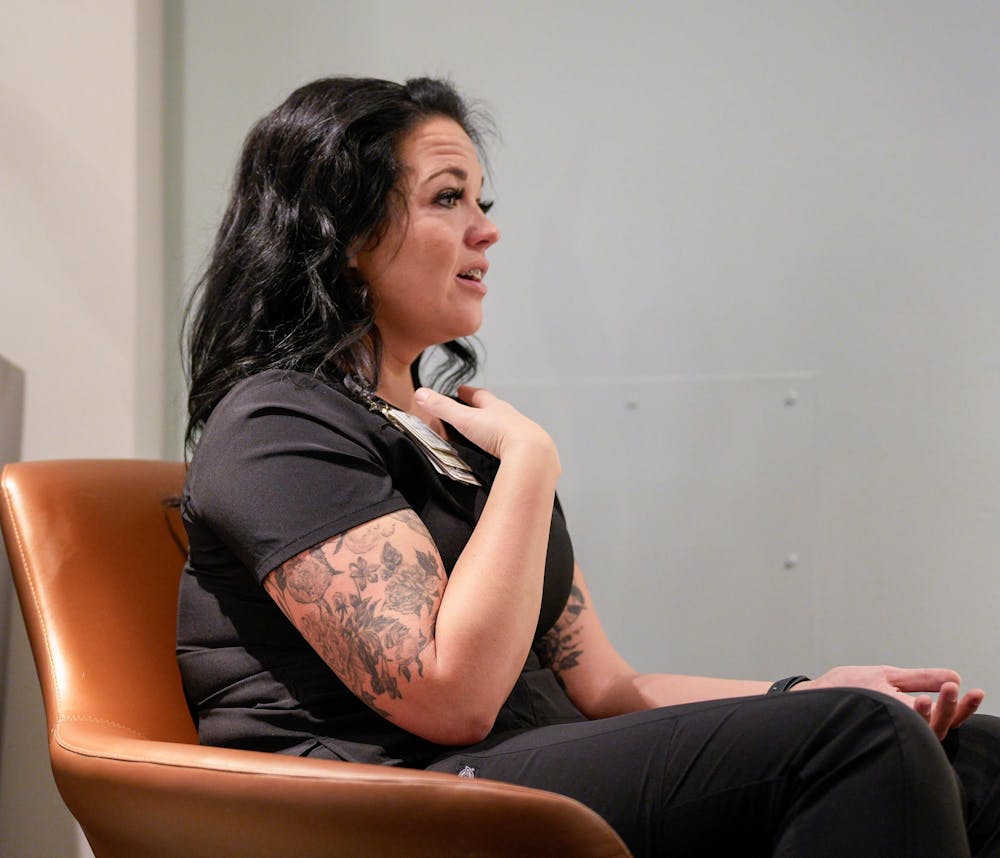 <p>An ER nurse at Sparrow Hospital, Laura Curtis, is interviewed by the State News at Sparrow Hospital on Nov. 15, 2023. She was one of the nurses on call the night of MSU’s Feb. 13 shooting.</p>