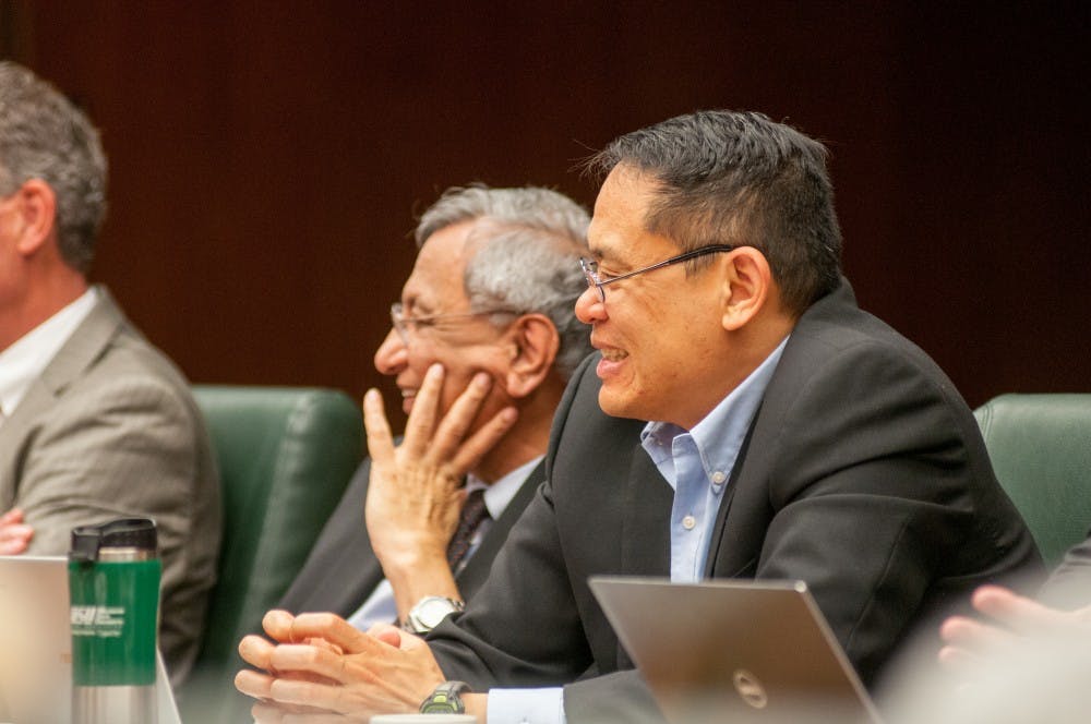 <p>Vice President for Research and Graduate Studies Stephen Hsu is pictured during the Board of Trustees meeting on Oct. 27, 2017, at the Hannah Administration Building.</p>