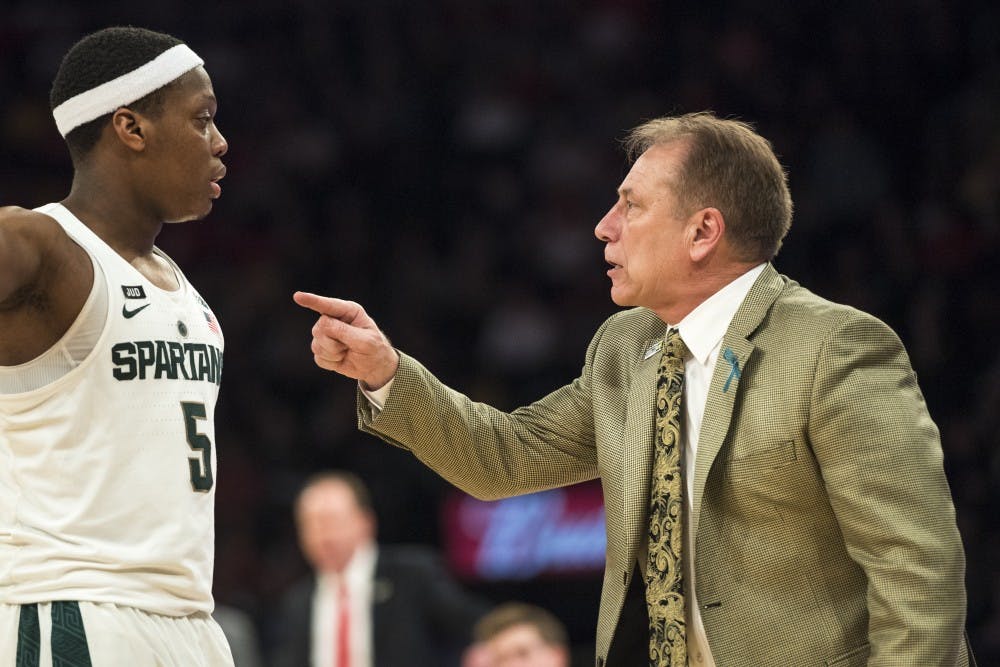 Michigan State’s head coach Tom Izzo points at sophomore guard Cassius Winston (5) during the second half of the 2018 Big Ten Men's Basketball quarterfinal game against Wisconsin on March 2, 2018 at Madison Square Garden in New York. (Nic Antaya | The State News)