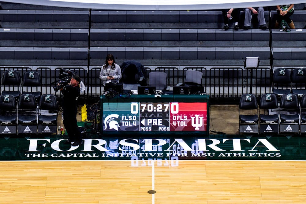 For Sparta Campaign logo on court ahead of the NCAA Division I basketball game between Michigan State and Indiana at the Breslin Center in East Lansing, Michigan, on Tuesday, Jan. 13, 2026.