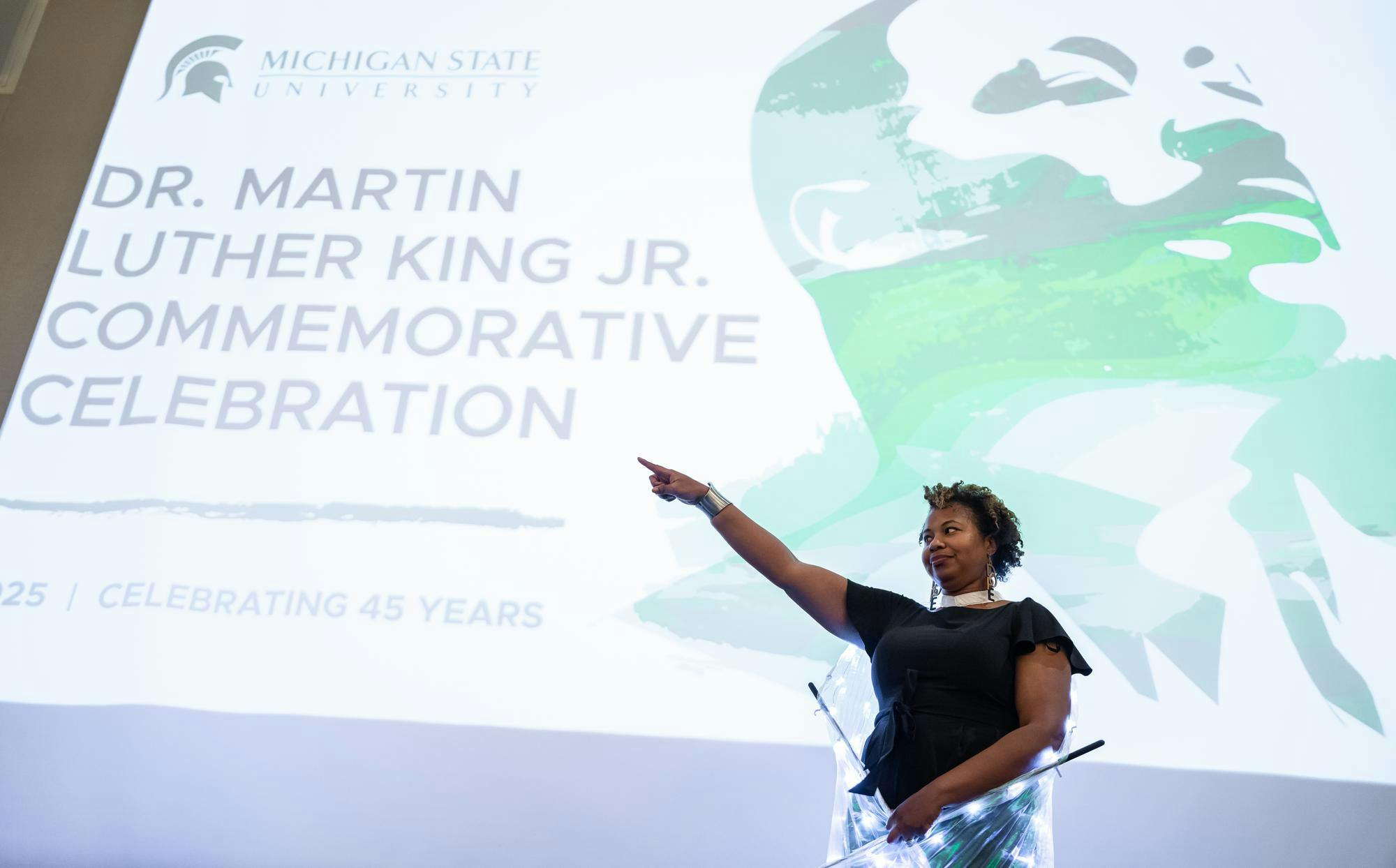 <p>Dr. LeConté J. Dill speaks to attendees at the Dr. Martin Luther King Jr. Commemorative Celebration at the MSU Union in East Lansing, Michigan on Saturday, Jan. 18, 2025.</p>