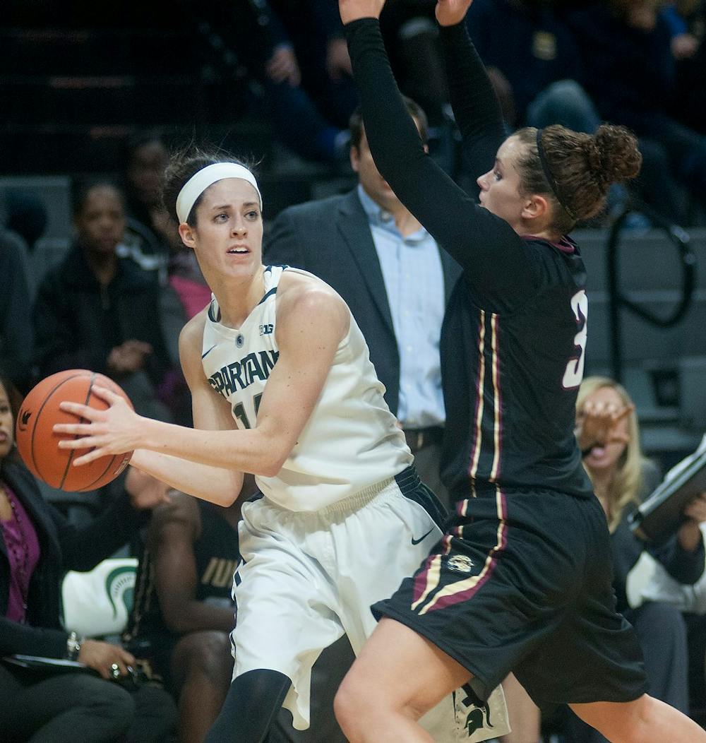 <p>Senior guard Anna Morrissey looks to pass the ball as IUPUI guard Kelsi Byrd guards her Nov. 23, 2014, during the game against IUPUI at Breslin Center. The Spartans defeated the Jaguars, 64-45. Jessalyn Tamez/The State News </p>