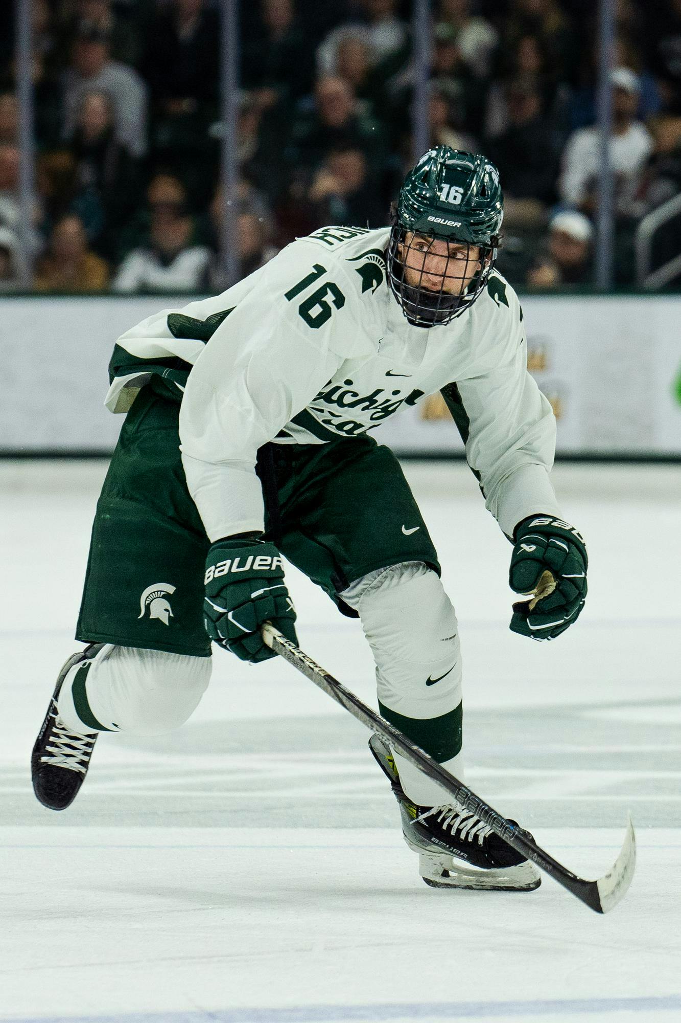<p>Michigan State freshman defenseman Vladislav Lukashevich (16) plays against Ohio State at Munn Ice Arena on Nov. 9, 2024. Michigan State takes the win with 4-1.</p>