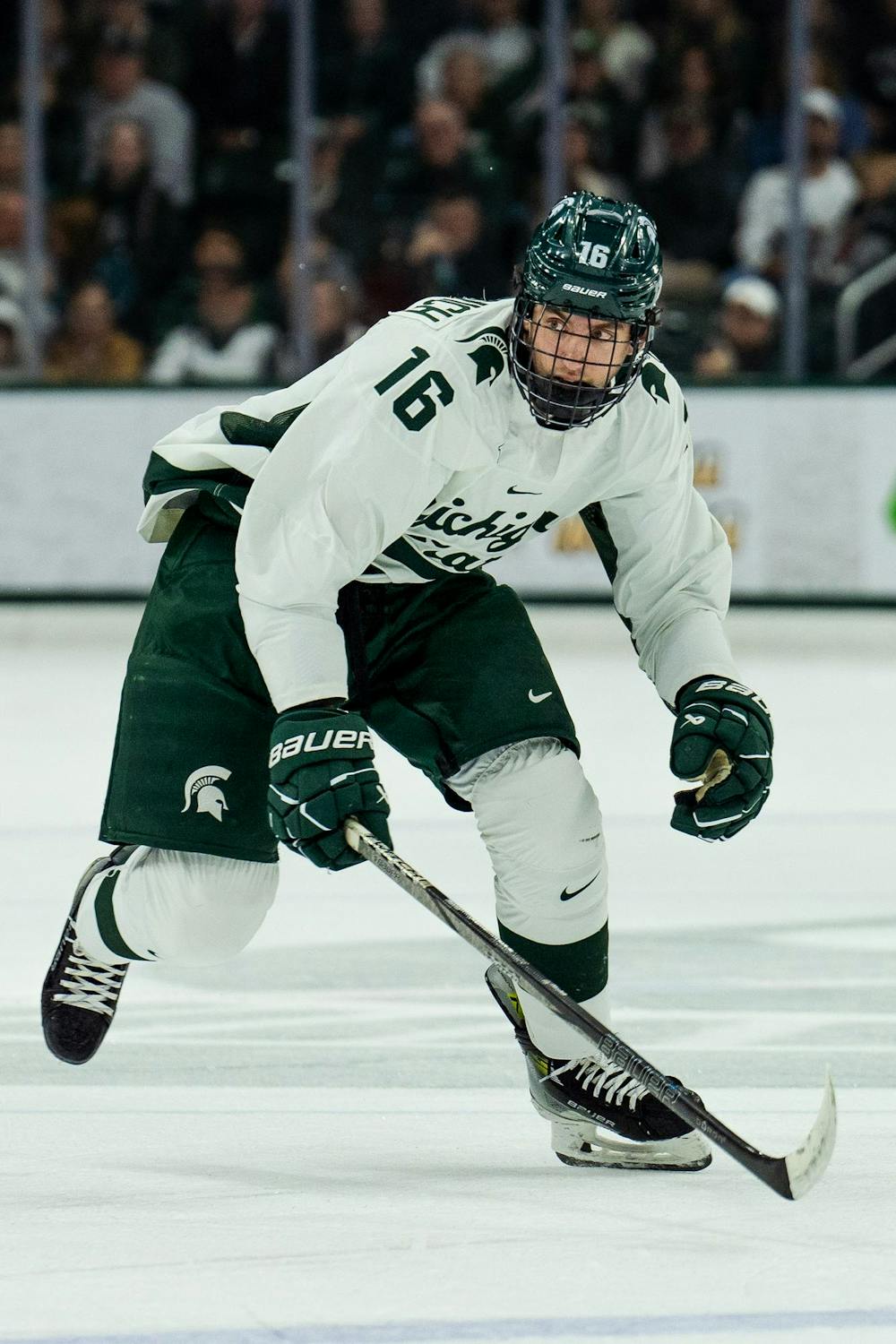 <p>Michigan State freshman defenseman Vladislav Lukashevich (16) plays against Ohio State at Munn Ice Arena on Nov. 9, 2024. Michigan State takes the win with 4-1.</p>