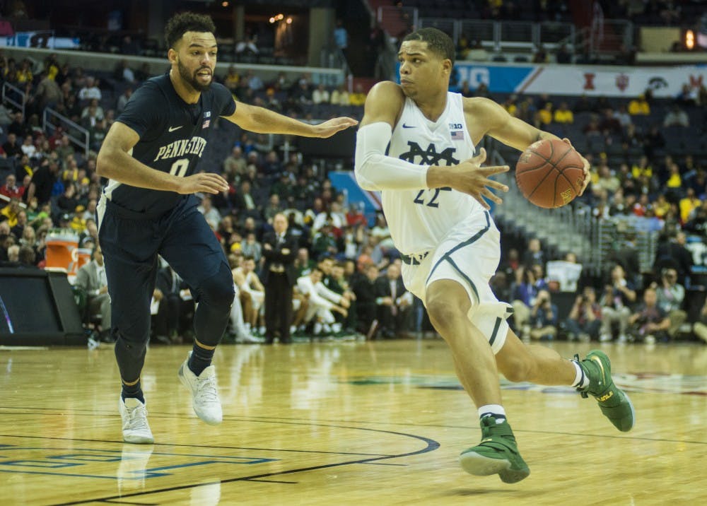 Freshman guard Miles Bridges (22) drives the ball to the net in the first half of the game against Penn State during the second round of the Big Ten Tournament on March 9, 2017 at Verizon Center in Washington D.C. The Spartans defeated the Nittany Lions, 78-51.