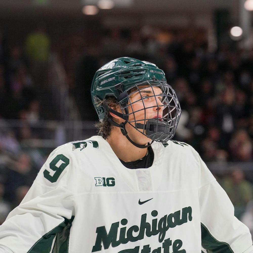 <p>Freshman forward Gavin O'Connell (29) looking focused during a game against Penn State at the Munn Ice Arena on Nov. 10, 2023.</p>