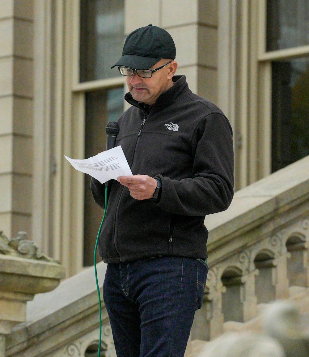 Professor Waseem El-Rayes speaks during the Palestianian protest at the Lansing Capitol on Oct. 12, 2023.