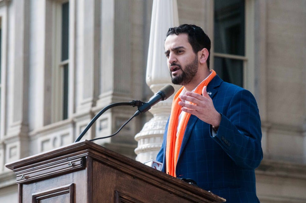 <p>Michigan Senate candidate Abraham Aiyash speaks at the Students Demand Action Rally on March 14, 2018 at the Michigan State Capitol. (Annie Barker | State News)&nbsp;</p>