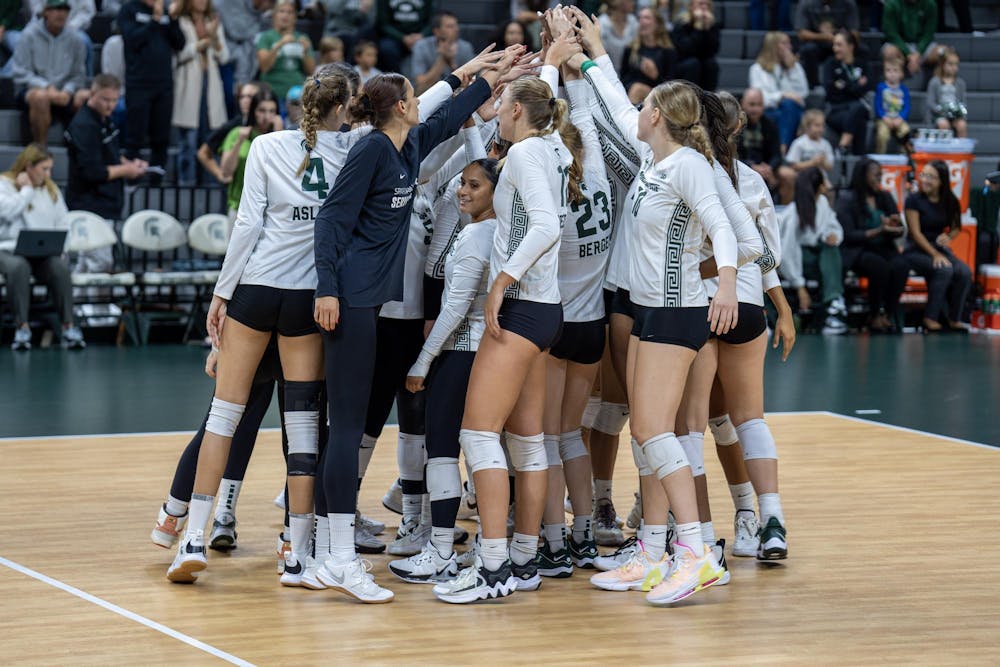 <p>Michigan State's Volleyball team finishes their pregame ritual just before playing Duke on September 8, 2023 at the Jack Breslin Student Event Center. The Michigan State Spartans would go on to lose in three sets.</p>