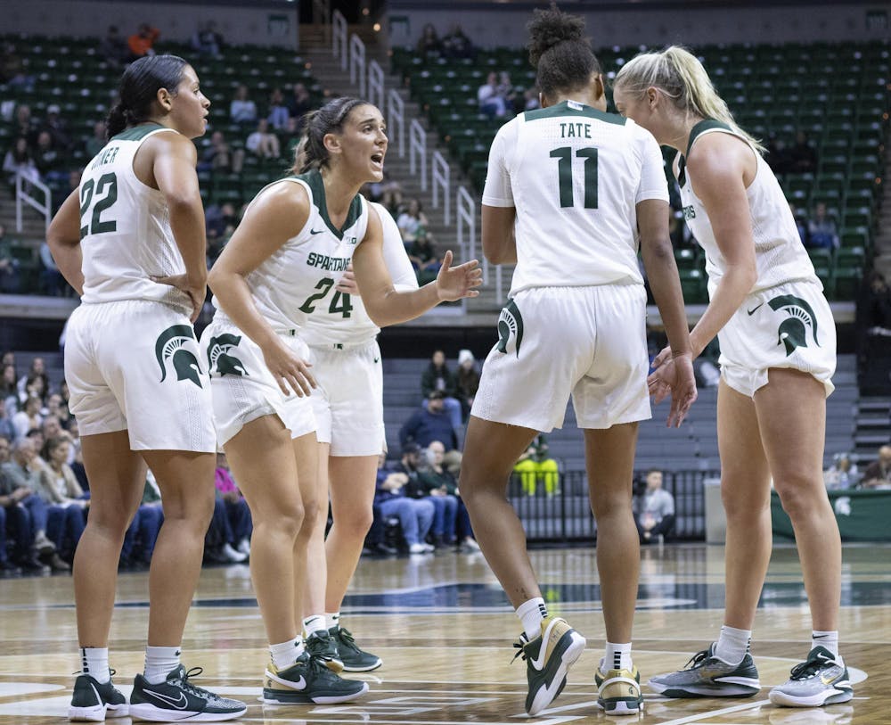 <p>Michigan State University women’s basketball team strategizes during the second quarter at a game against Nebraska at the Breslin Center on Dec. 9, 2023. The Spartans lost to the Cornhuskers 74-80.&nbsp;</p>
