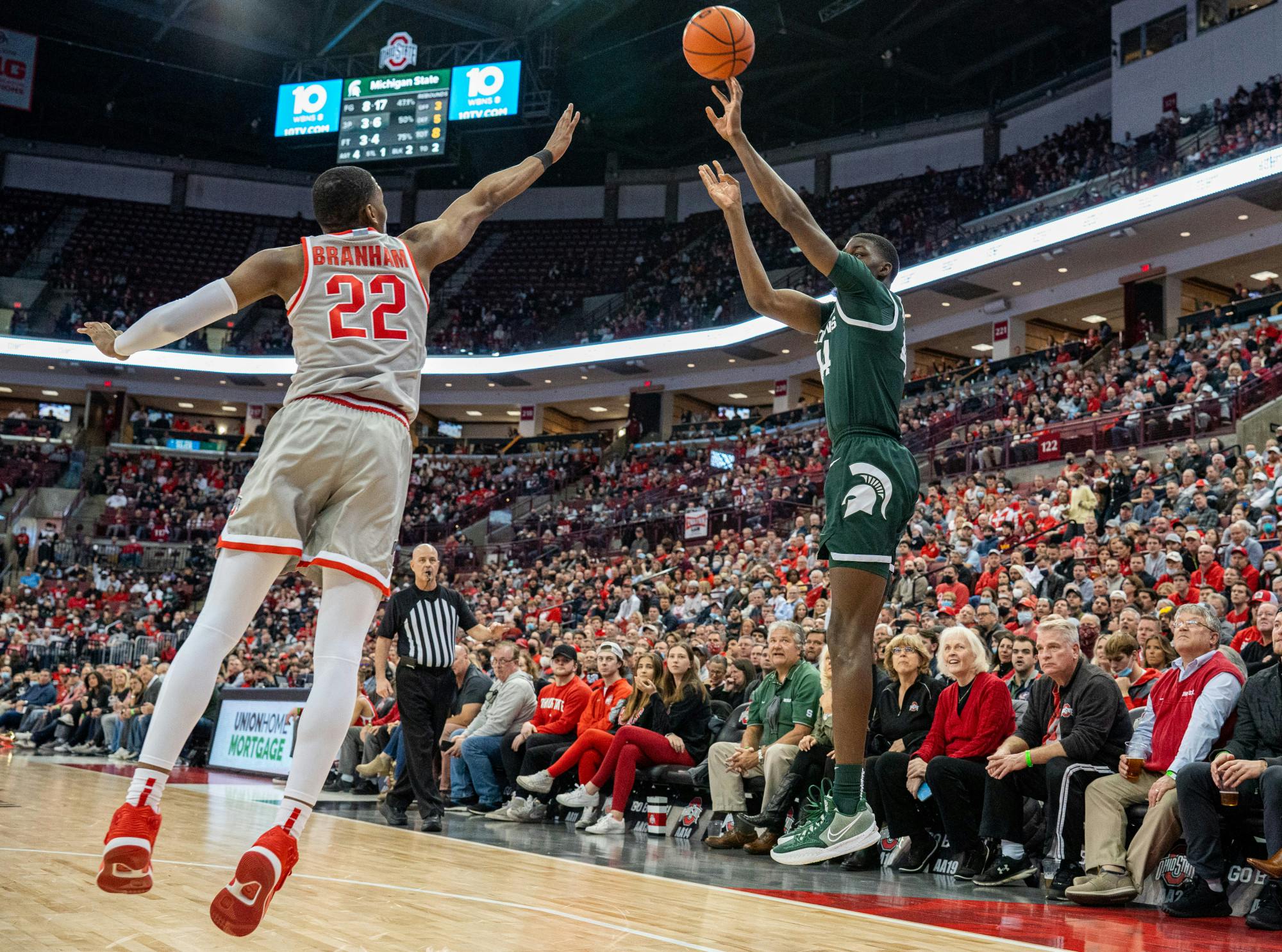 <p>Senior forward Gabe Brown shoots a three during Michigan State&#x27;s visit to Value Center Arena against Ohio State on Mar. 3, 2022.</p>