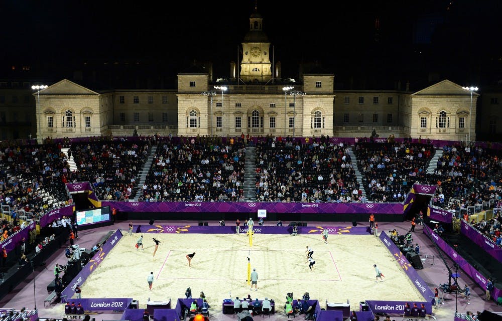A United States team plays Australia in front of the Horse Guards Parade at the 2012 Summer Olympics in London, England, on Saturday, July 28, 2012. (Wally Skalij/Los Angeles Times/MCT)