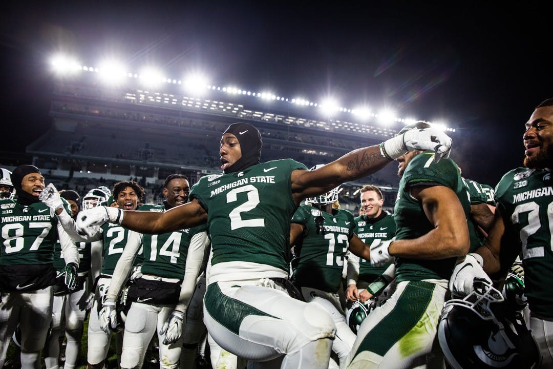 Freshman wide receiver Julian Barnett (2) dances in celebration after the game on Nov. 30, 2019 at Spartan Stadium. The Spartans beat the Terrapins 19-16.