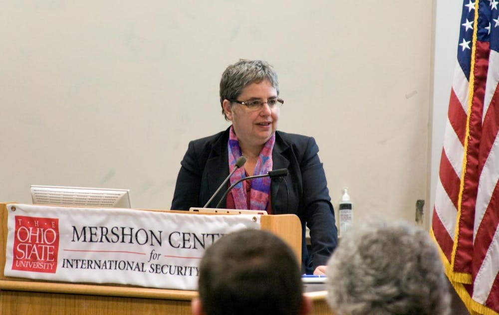 Martha Brill Olcott speaks to a class at the Mershon Center for International Security Studies on Tuesday, April 12, 2011. Photo from The Ohio State University.