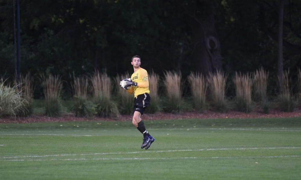 <p>Redshirt sophomore goalkeeper Hunter Morse (1) gets ready to throw the ball back into play during their home game against Penn State. The Spartans fell to the Nittany Lions 3-0 on Oct. 1 at DeMartin Stadium.</p>